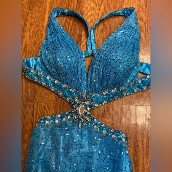 Vintage Y2K Dress Sequin Beaded Gown Slip Dress Cut Out Prom Dress Backless Blue - Picture 2 of 16